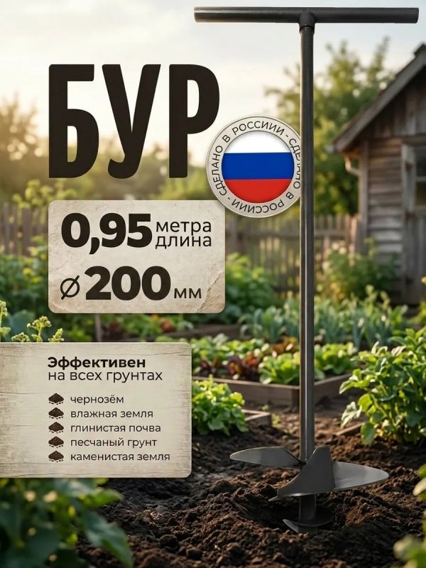 Бур садовый ручной для земли для столбов культиватор 200 мм